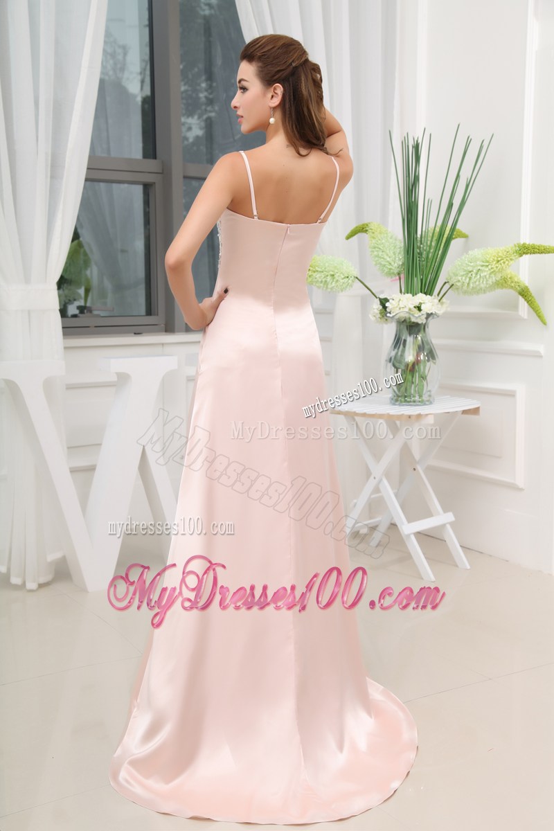 Beading High Slit Straps Brush Train Prom Dress