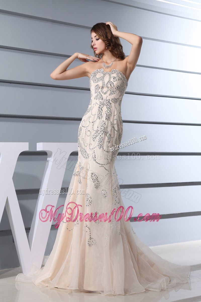 Beading Mermaid Sweetheart Brush Train Prom Dress