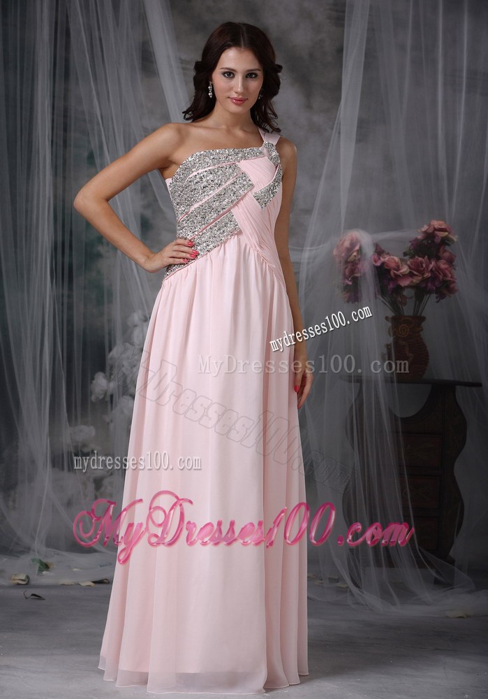 Baby Pink Empire One Shoulder Floor-length Beaded Pageant Dresses