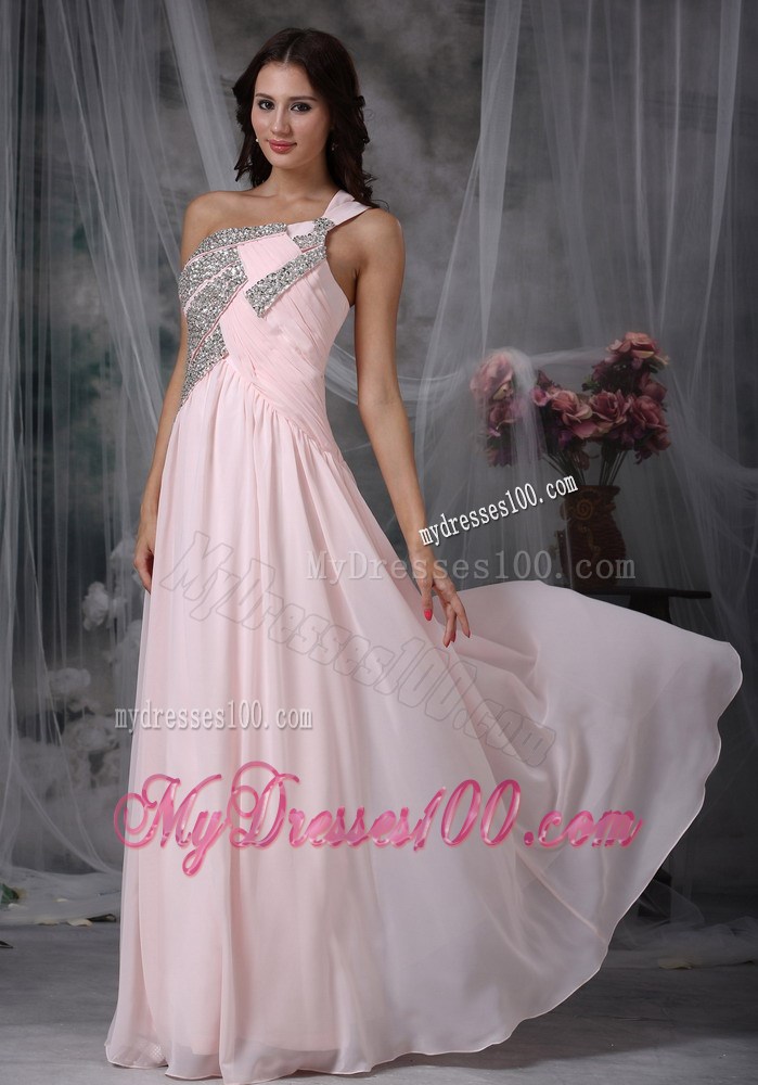Baby Pink Empire One Shoulder Floor-length Beaded Pageant Dresses
