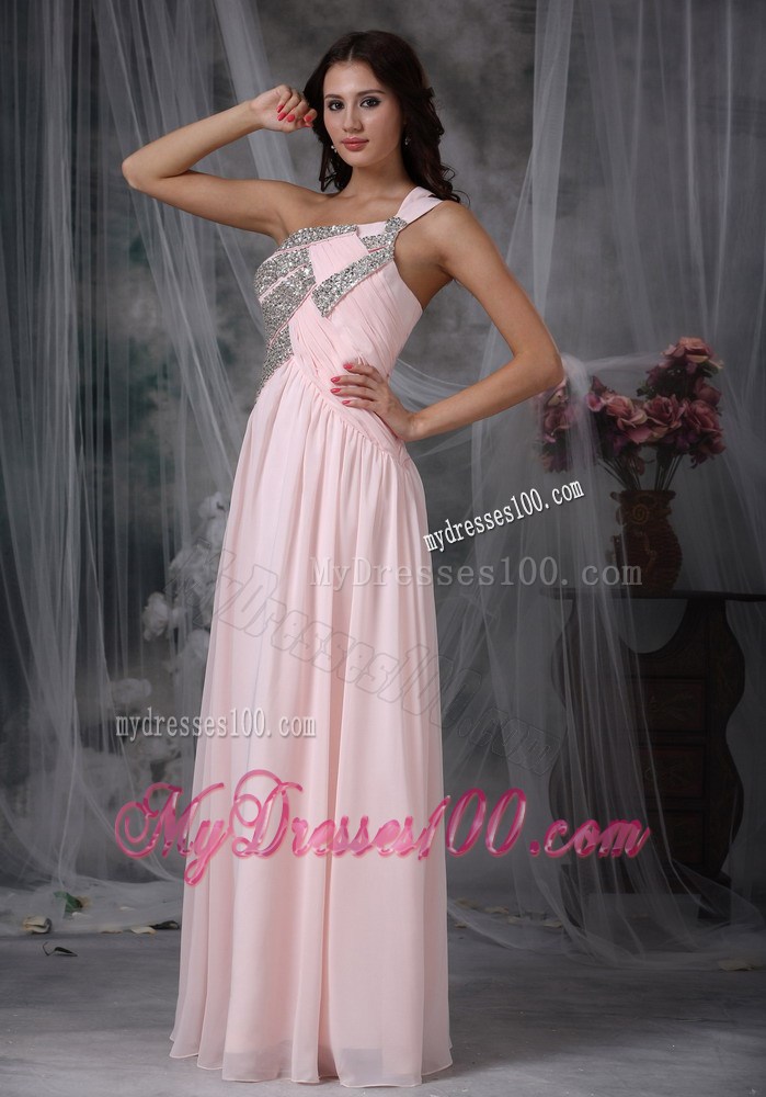 Baby Pink Empire One Shoulder Floor-length Beaded Pageant Dresses