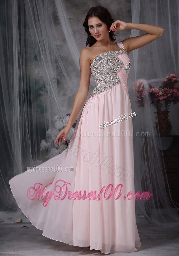 Baby Pink Empire One Shoulder Floor-length Beaded Pageant Dresses