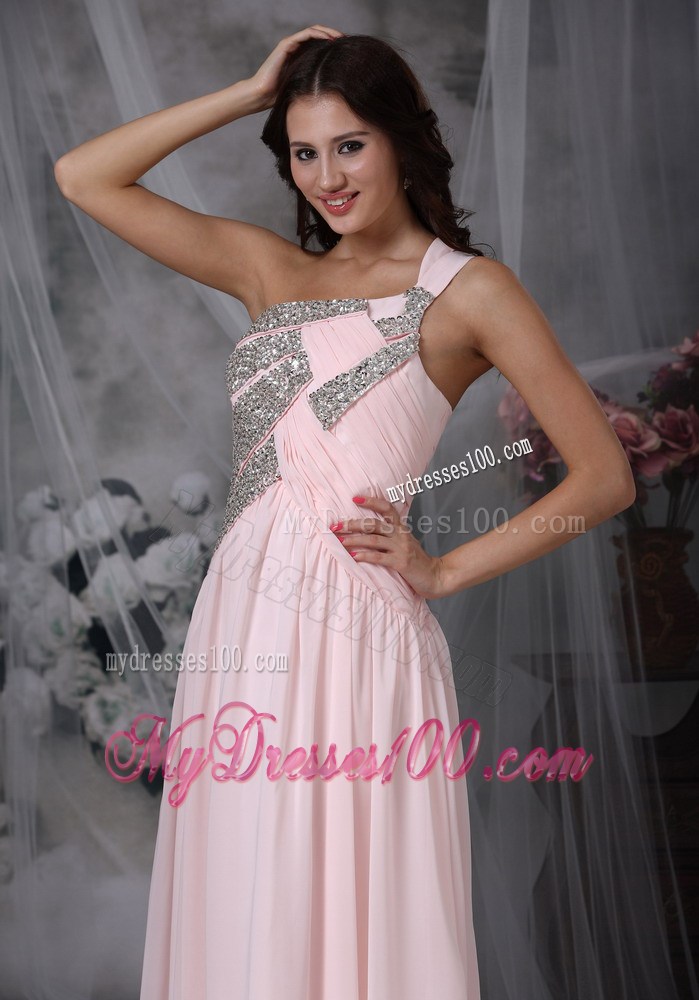 Baby Pink Empire One Shoulder Floor-length Beaded Pageant Dresses