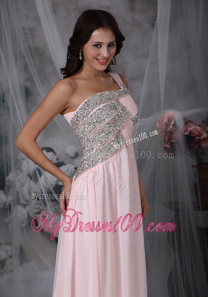 Baby Pink Empire One Shoulder Floor-length Beaded Pageant Dresses