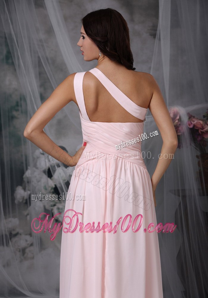 Baby Pink Empire One Shoulder Floor-length Beaded Pageant Dresses