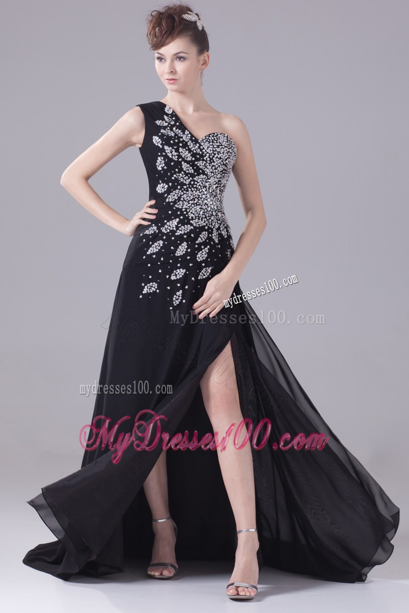Beading One Shoulder High Slit Black Prom Dress