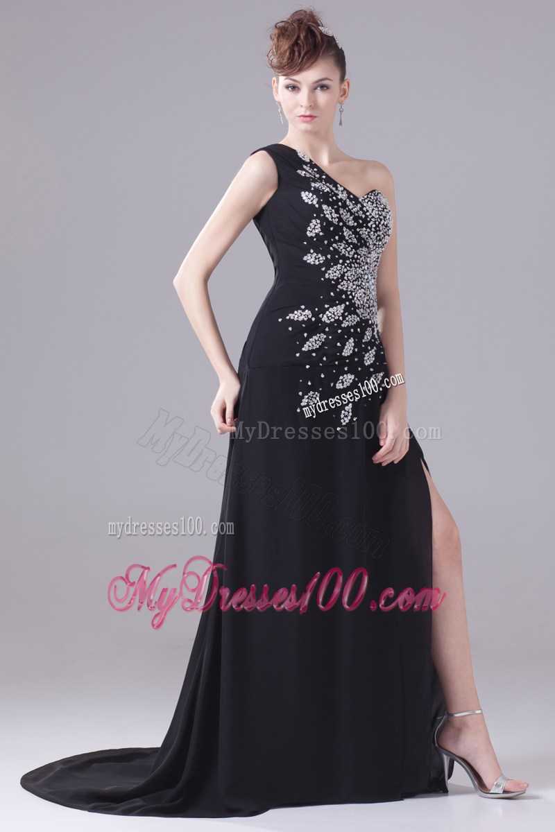 Beading One Shoulder High Slit Black Prom Dress
