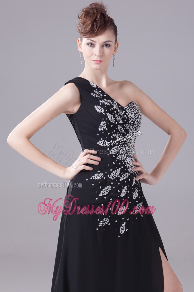 Beading One Shoulder High Slit Black Prom Dress