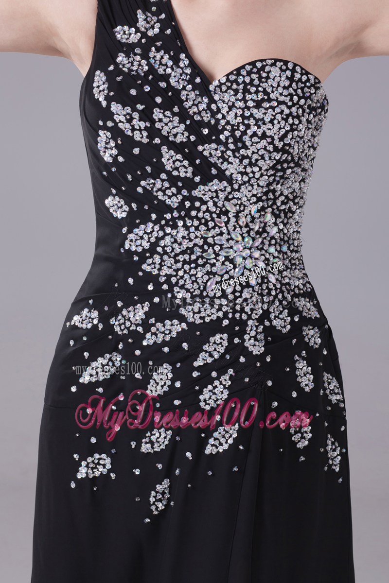 Beading One Shoulder High Slit Black Prom Dress