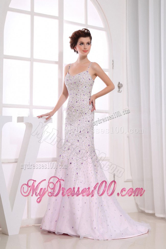 Beading Over Skirt Mermaid Spaghetti Straps Light Pink Brush Train Prom Dress For 2013
