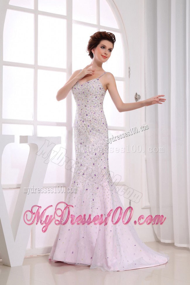 Beading Over Skirt Mermaid Spaghetti Straps Light Pink Brush Train Prom Dress For 2013