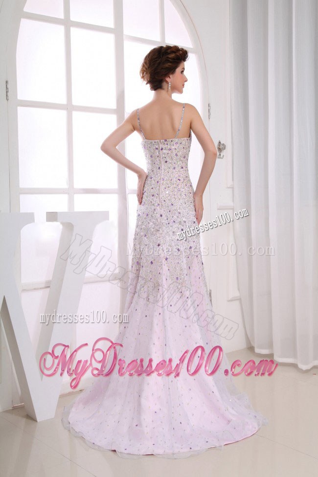 Beading Over Skirt Mermaid Spaghetti Straps Light Pink Brush Train Prom Dress For 2013