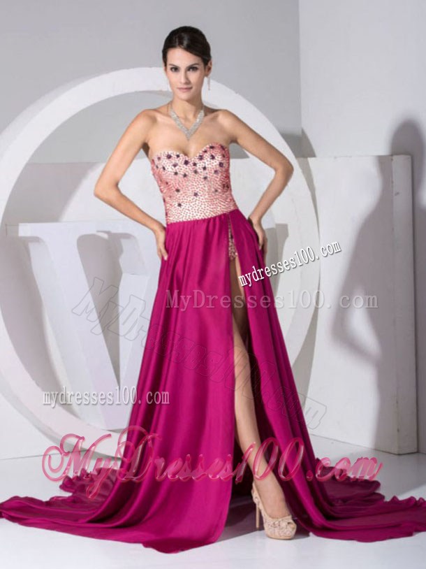 Beading Sweetheart High Slit Brush Train Fuchsia Pageant Dresses 2013