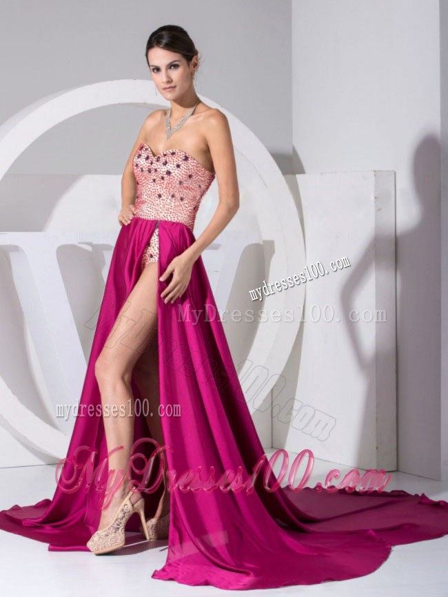 Beading Sweetheart High Slit Brush Train Fuchsia Pageant Dresses 2013