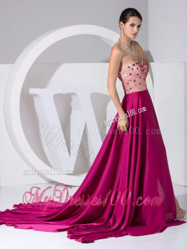Beading Sweetheart High Slit Brush Train Fuchsia Pageant Dresses 2013