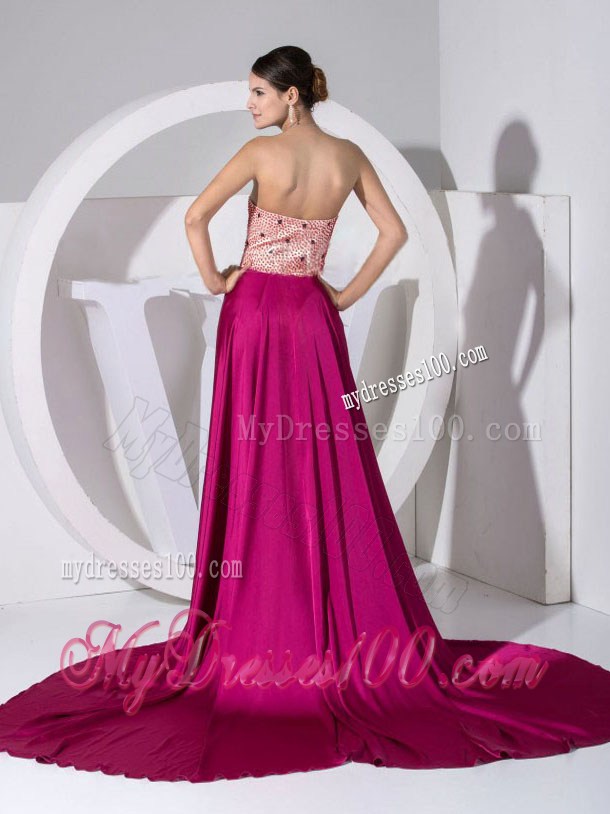Beading Sweetheart High Slit Brush Train Fuchsia Pageant Dresses 2013