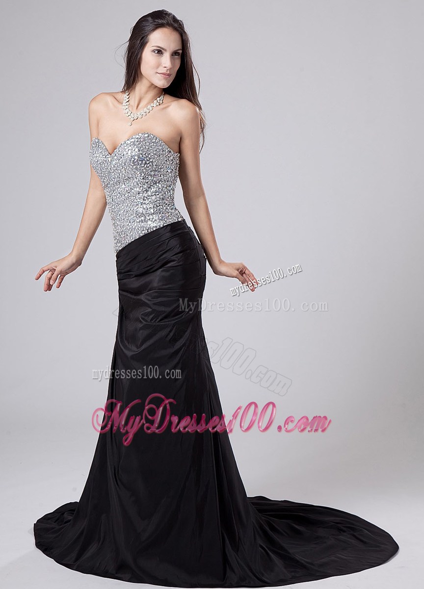 Beading Sweetheart Strapless Column Black Prom Dresses Court Train