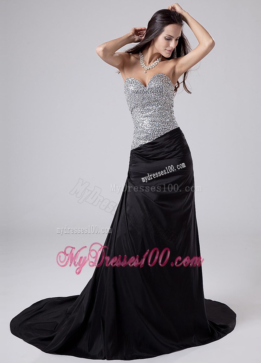 Beading Sweetheart Strapless Column Black Prom Dresses Court Train