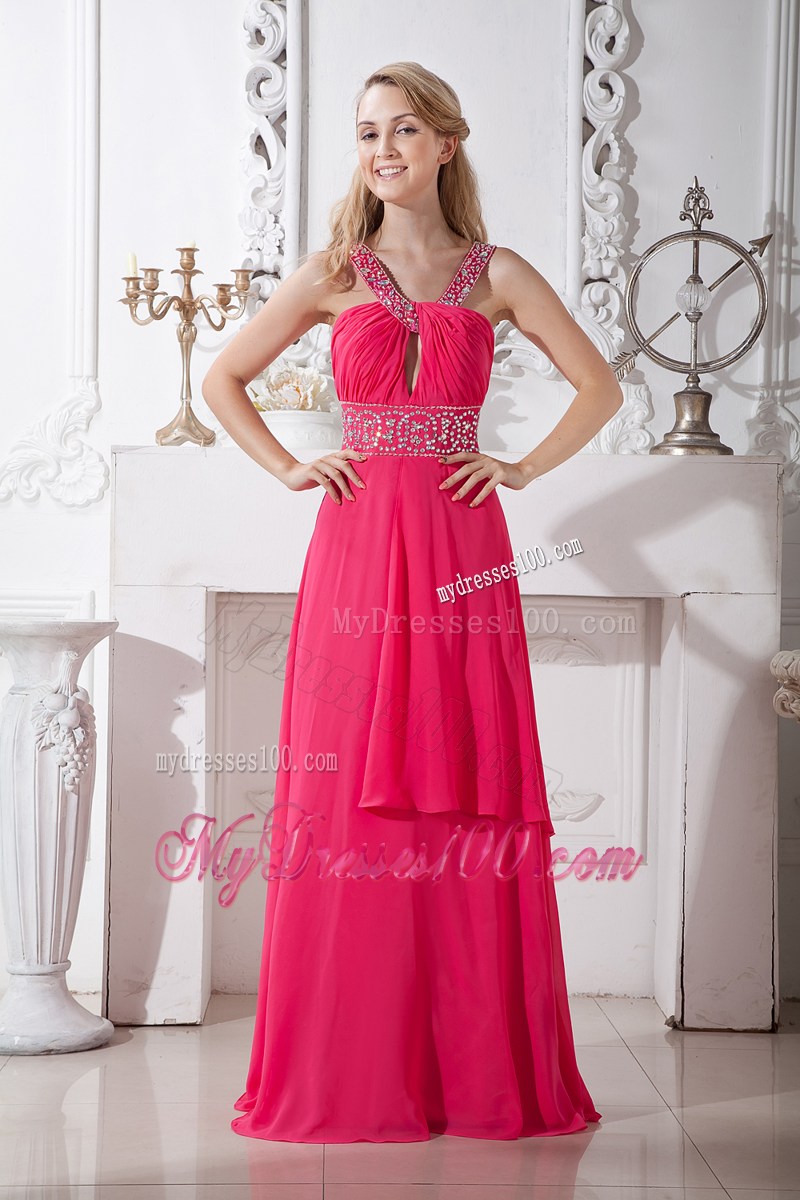Affordable Sexy Coral Red V-neck Pageant Dresses with Beading