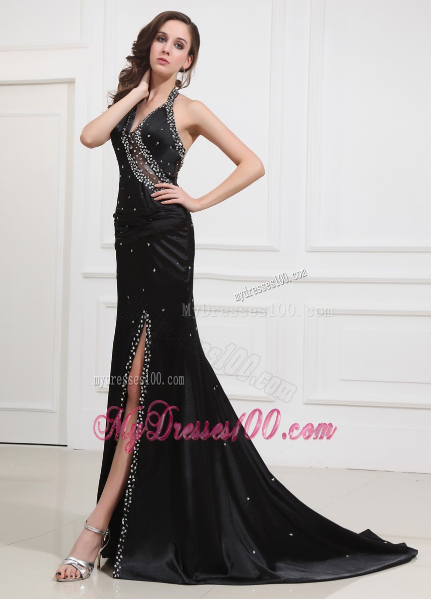 Beading V-neck Brush Train Column Black Pageant Dresses for 2013