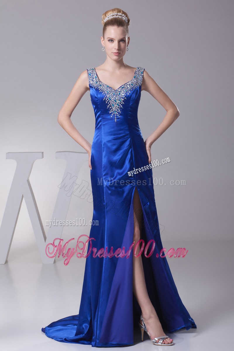 Beading V-neck High Slit Brush Train Prom Dress