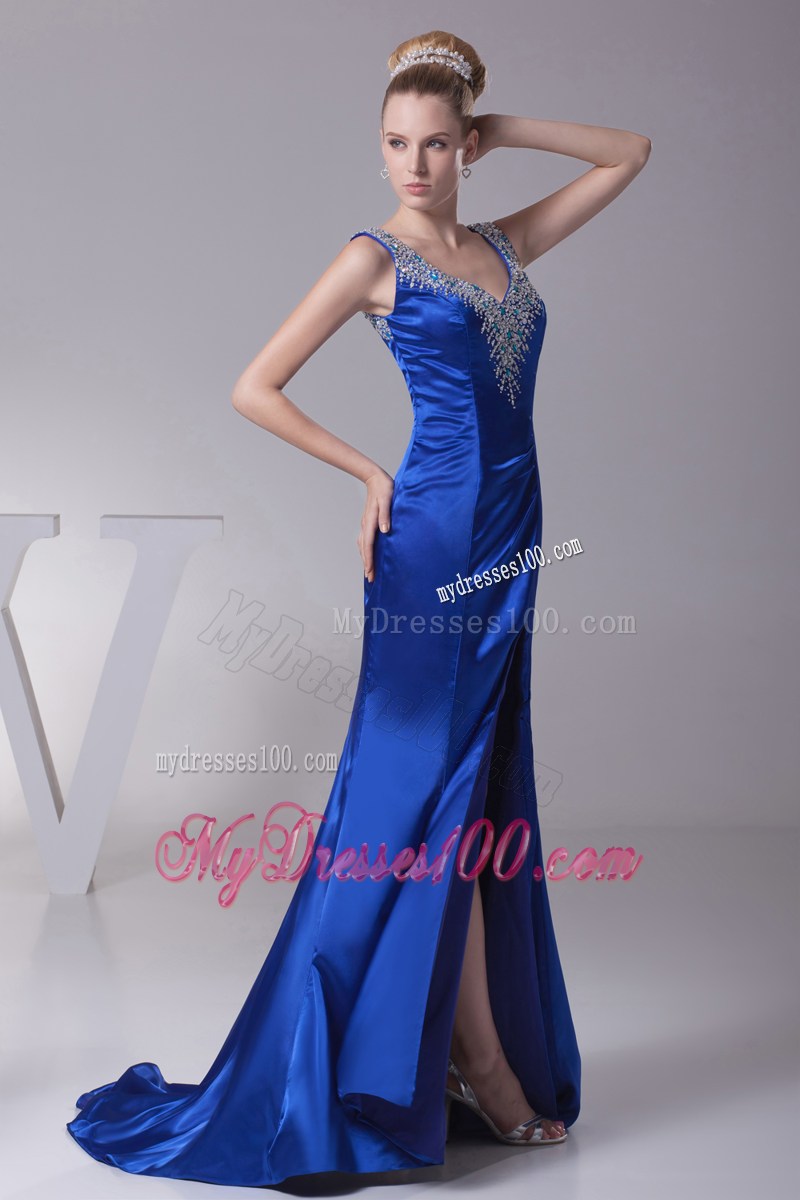 Beading V-neck High Slit Brush Train Prom Dress