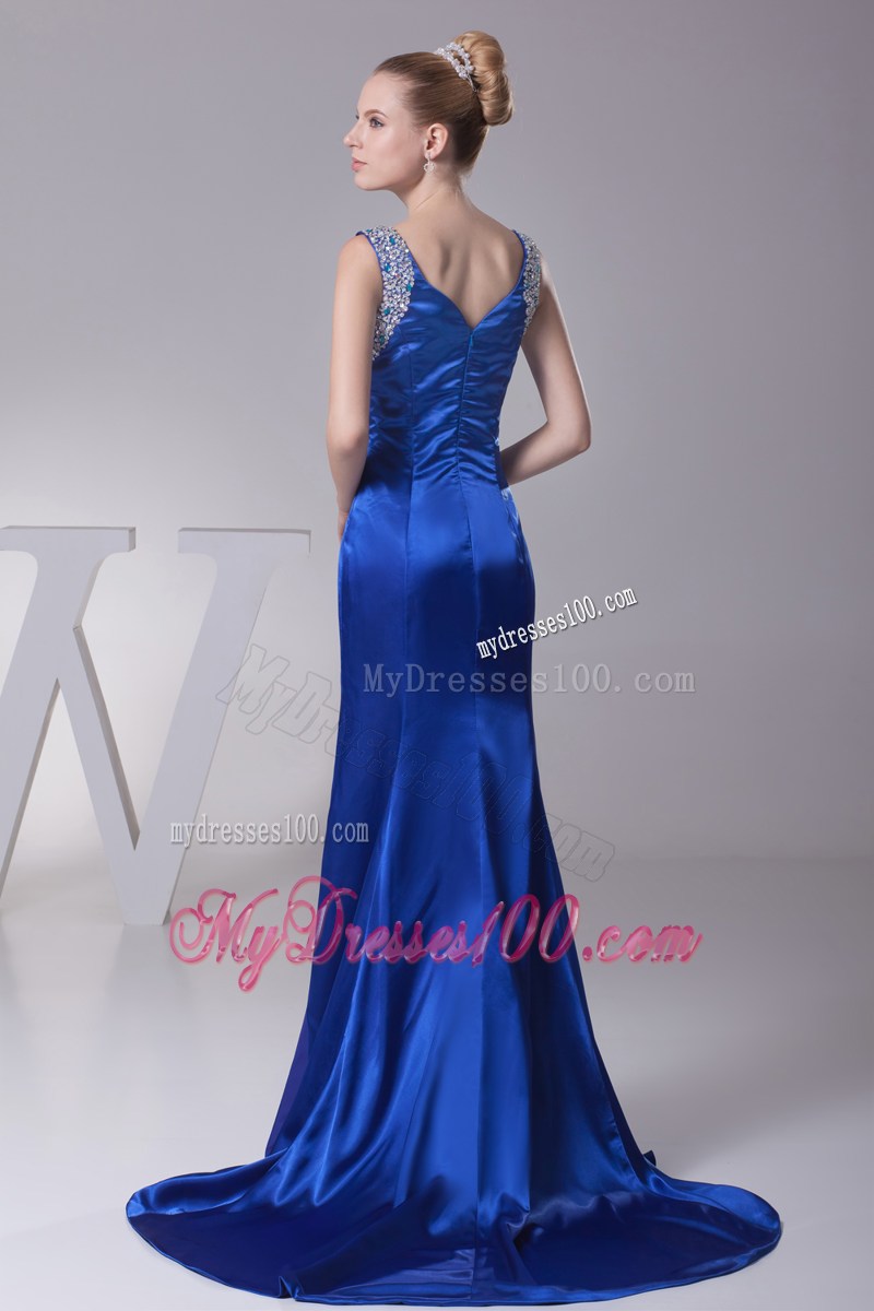 Beading V-neck High Slit Brush Train Prom Dress