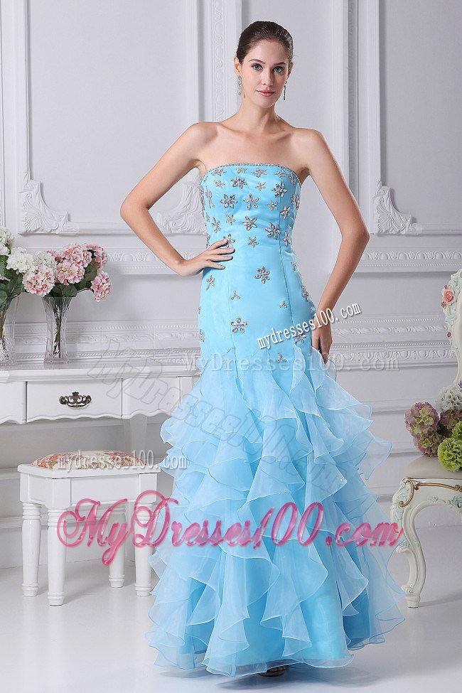 Beading and Ruffles Decorate Bodice Mermaid Aqua Blue Ankle-length Prom Dress For 2013 Strapless