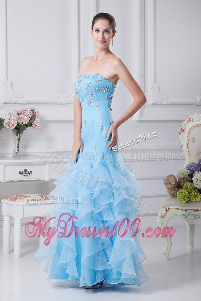 Beading and Ruffles Decorate Bodice Mermaid Aqua Blue Ankle-length Prom Dress For 2013 Strapless