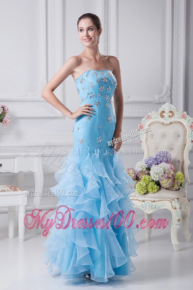 Beading and Ruffles Decorate Bodice Mermaid Aqua Blue Ankle-length Prom Dress For 2013 Strapless