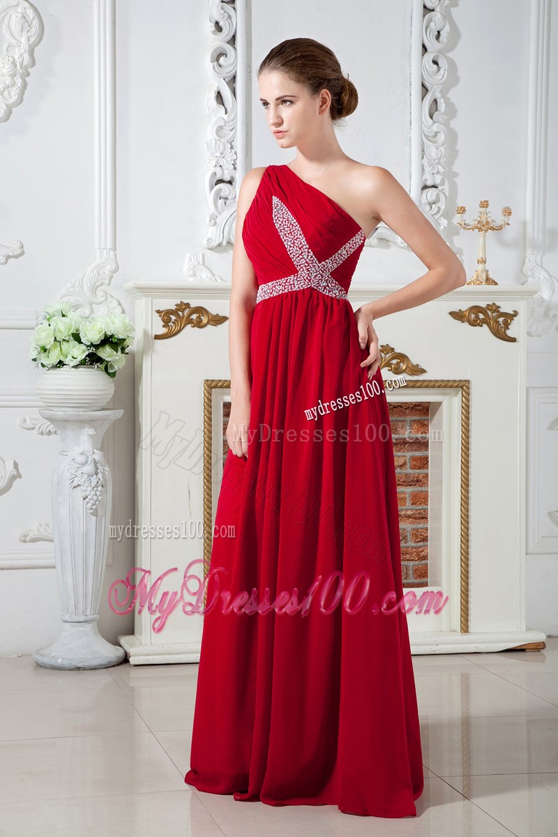 Red One Shoulder Brush Train Ruching and Beading Pageant Dresses