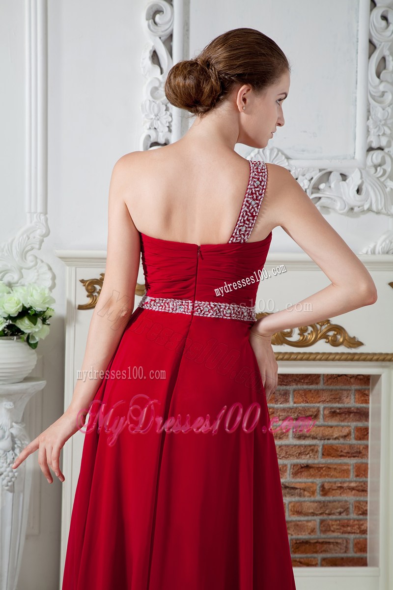 Red One Shoulder Brush Train Ruching and Beading Pageant Dresses