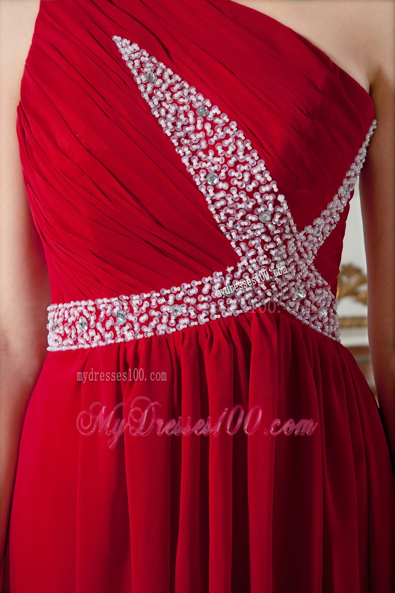 Red One Shoulder Brush Train Ruching and Beading Pageant Dresses