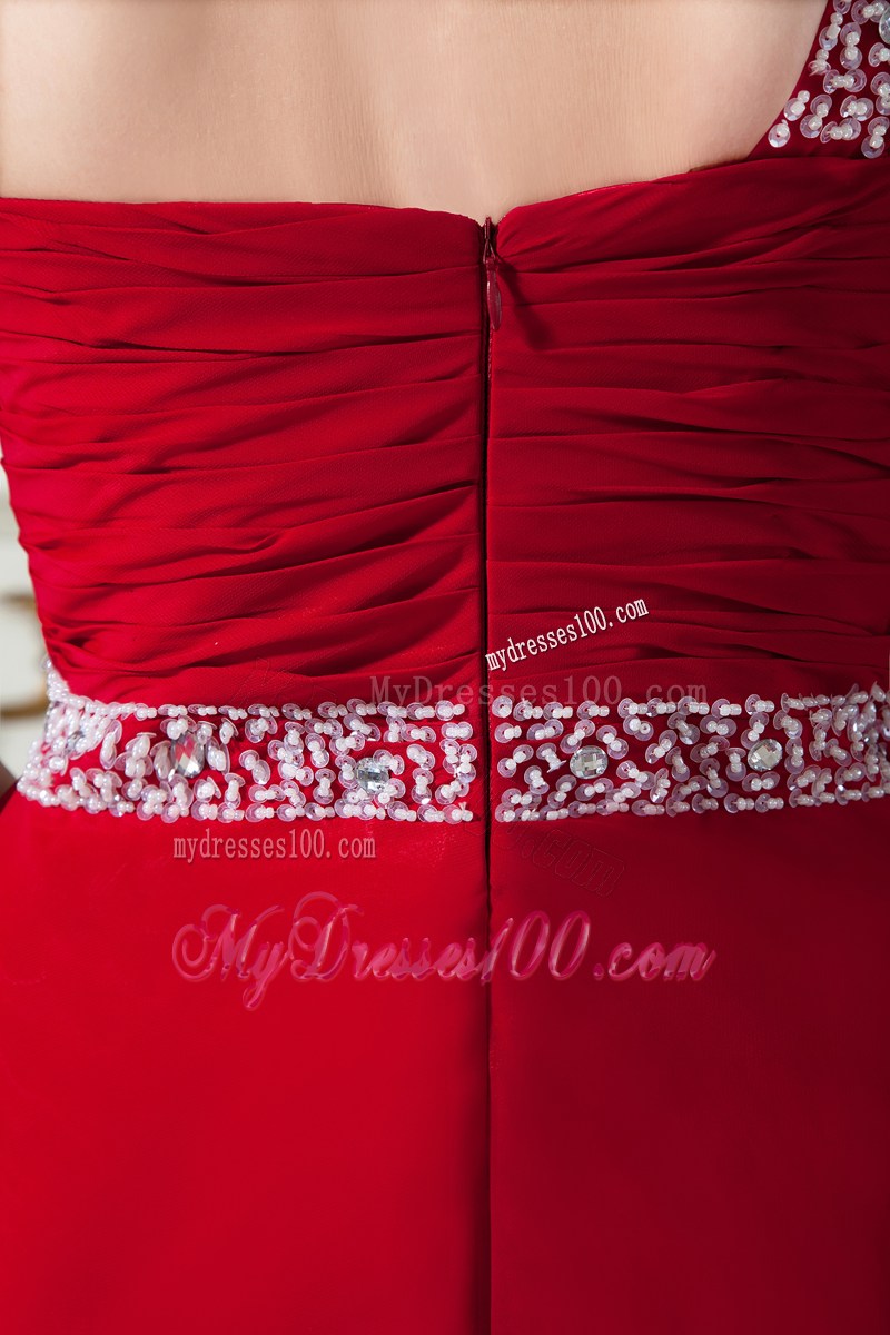 Red One Shoulder Brush Train Ruching and Beading Pageant Dresses