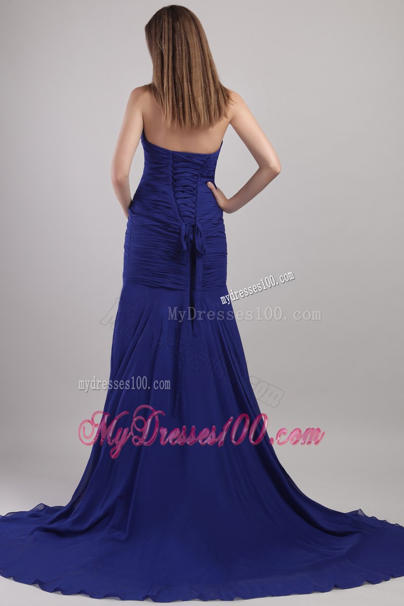 Blue Sheath Column Sweetheart Chapel Train Pageant Dresses with Appliques