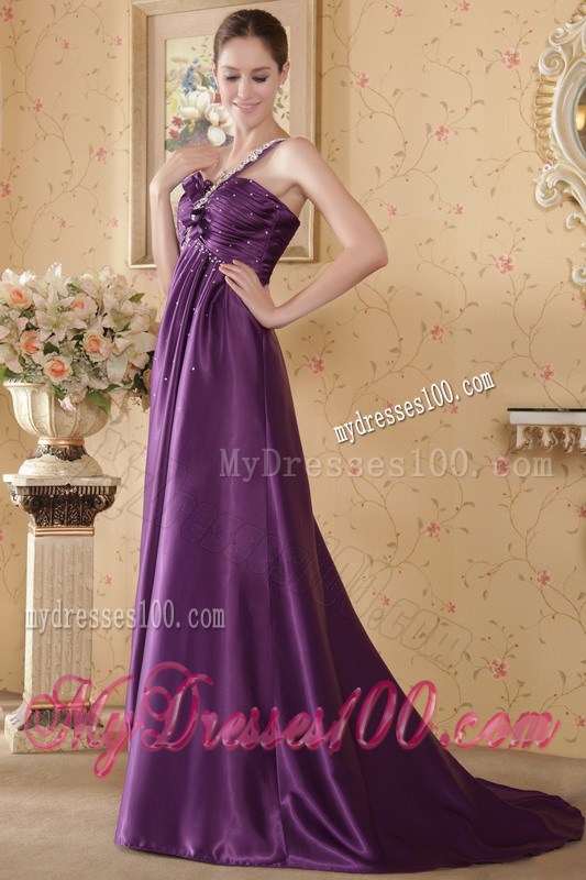 Eggplant Purple One Shoulder Brush Train Beading and Ruches Pageant Dresses