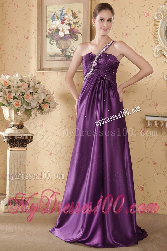 Eggplant Purple One Shoulder Brush Train Beading and Ruches Pageant Dresses