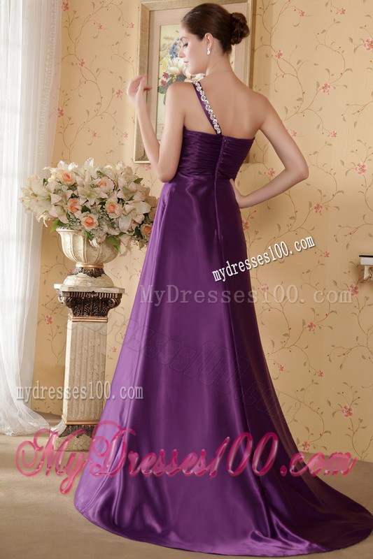 Eggplant Purple One Shoulder Brush Train Beading and Ruches Pageant Dresses