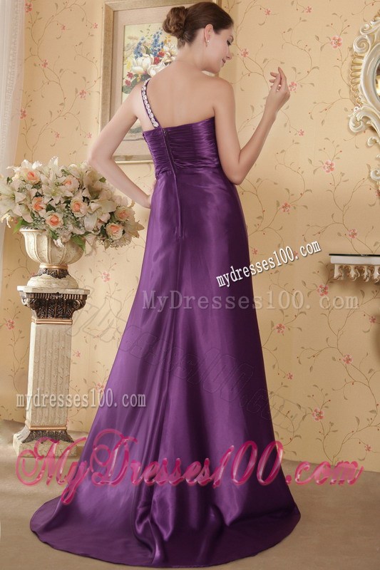 Eggplant Purple One Shoulder Brush Train Beading and Ruches Pageant Dresses