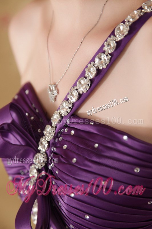 Eggplant Purple One Shoulder Brush Train Beading and Ruches Pageant Dresses