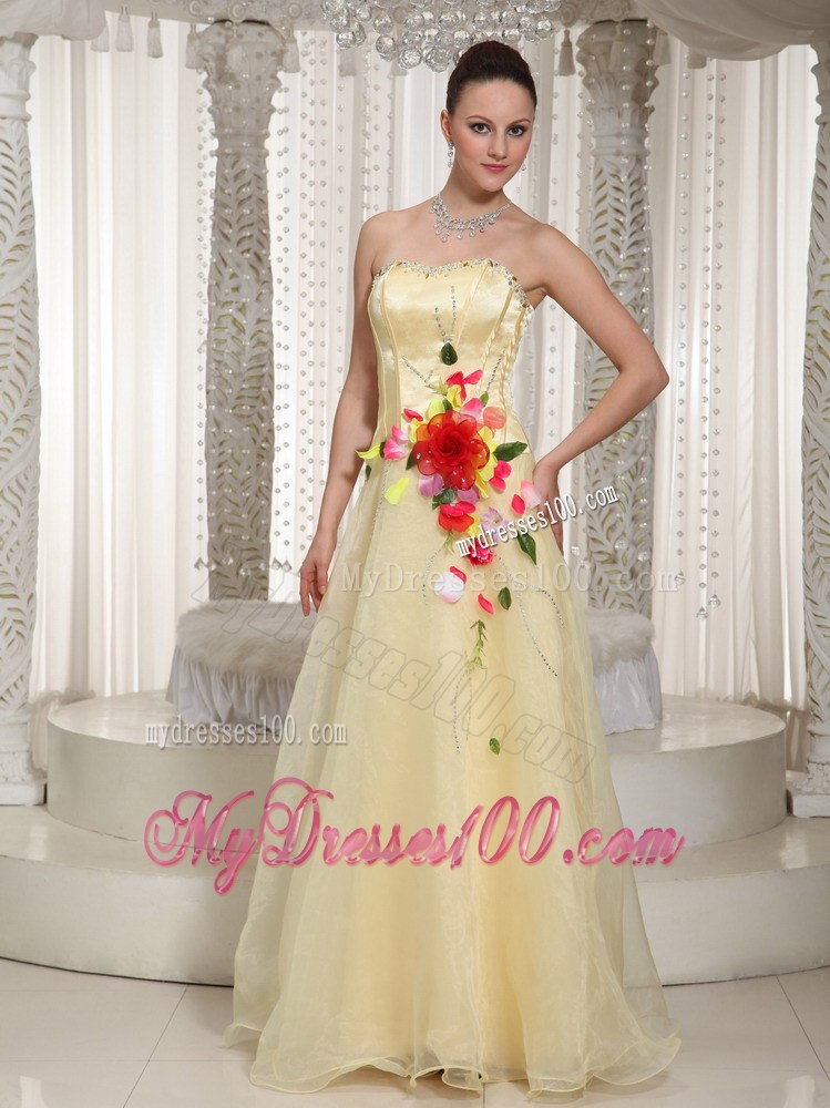 Flowers Beaded Light Yellow Pageant Dresses with Floor-length Strapless