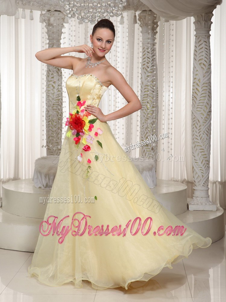 Flowers Beaded Light Yellow Pageant Dresses with Floor-length Strapless