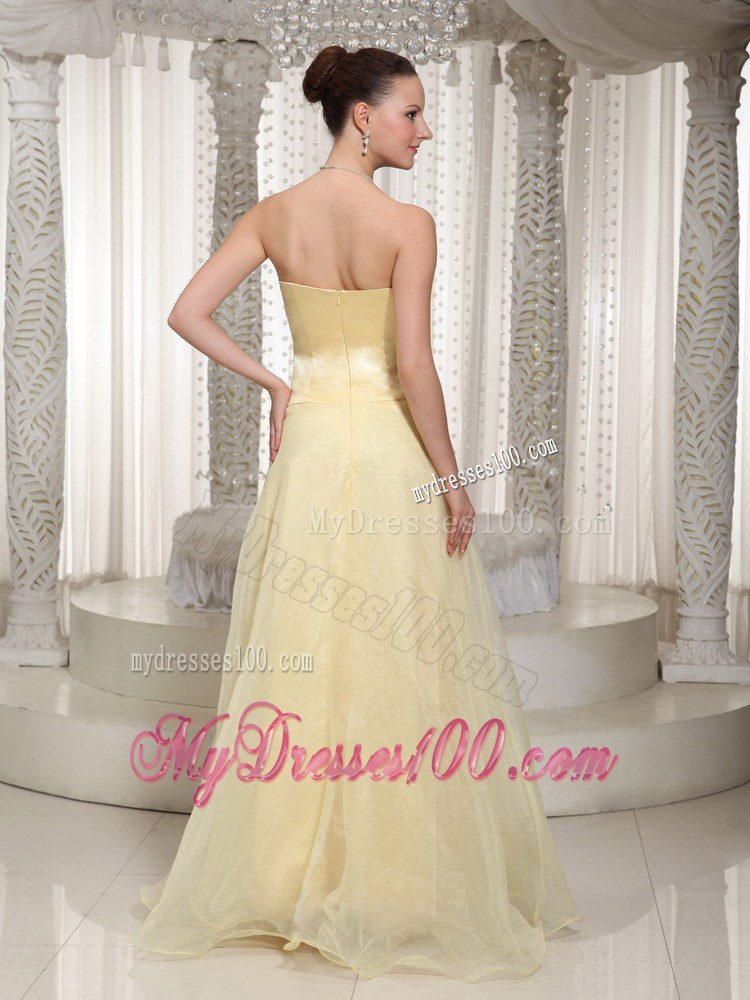 Flowers Beaded Light Yellow Pageant Dresses with Floor-length Strapless