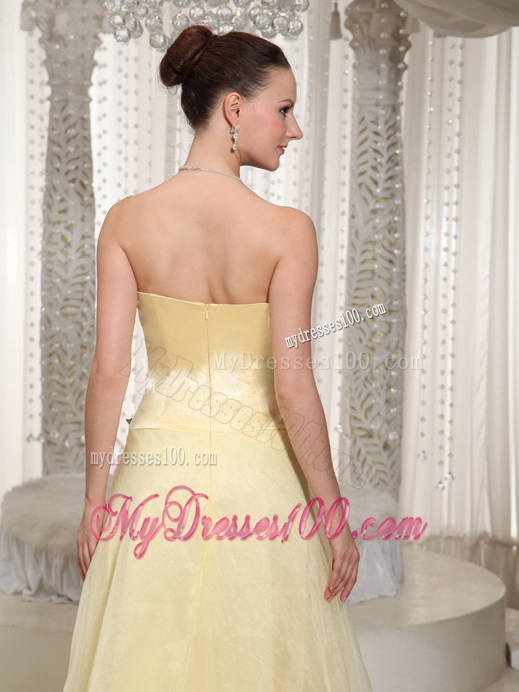 Flowers Beaded Light Yellow Pageant Dresses with Floor-length Strapless