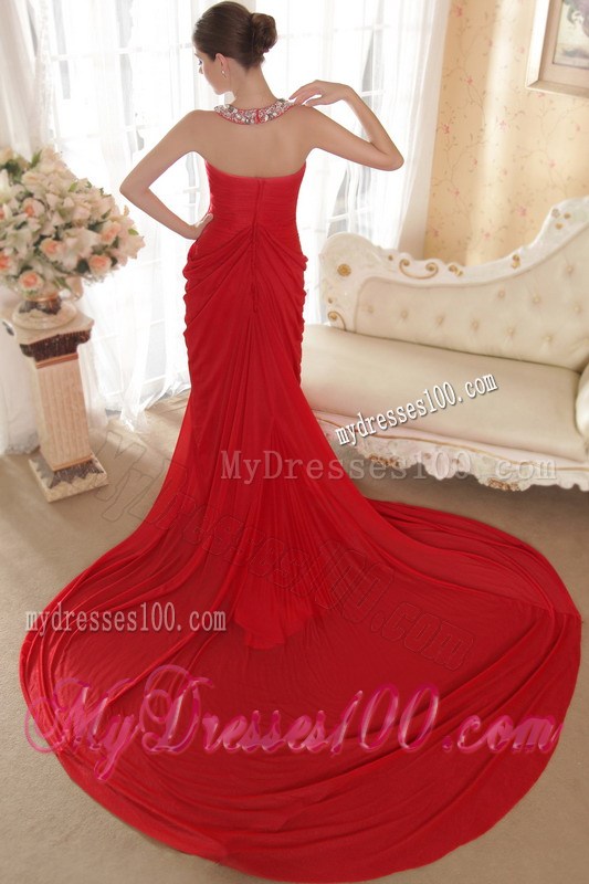 Red Column Halter Chapel Train Pageant Dresses with Beading and Ruching
