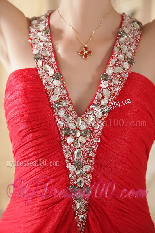 Red Column Halter Chapel Train Pageant Dresses with Beading and Ruching