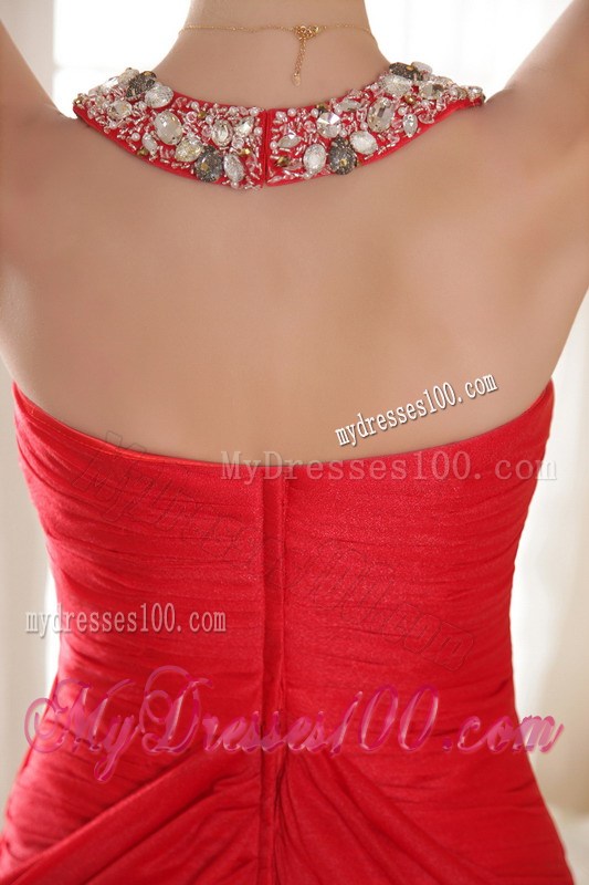 Red Column Halter Chapel Train Pageant Dresses with Beading and Ruching