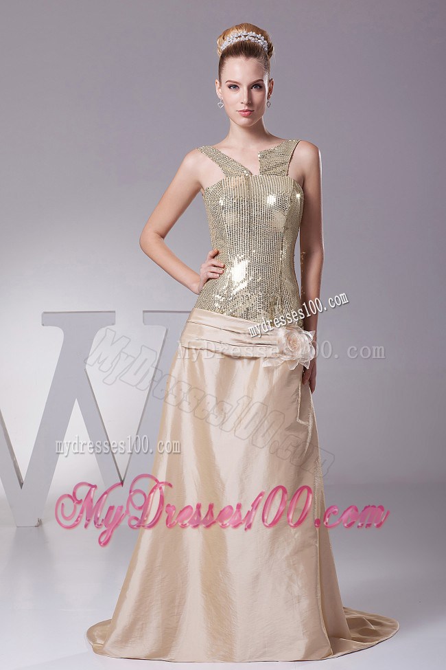 Flower Decorate Sequin Champagne Brush Train 2013 Pageant Dresses