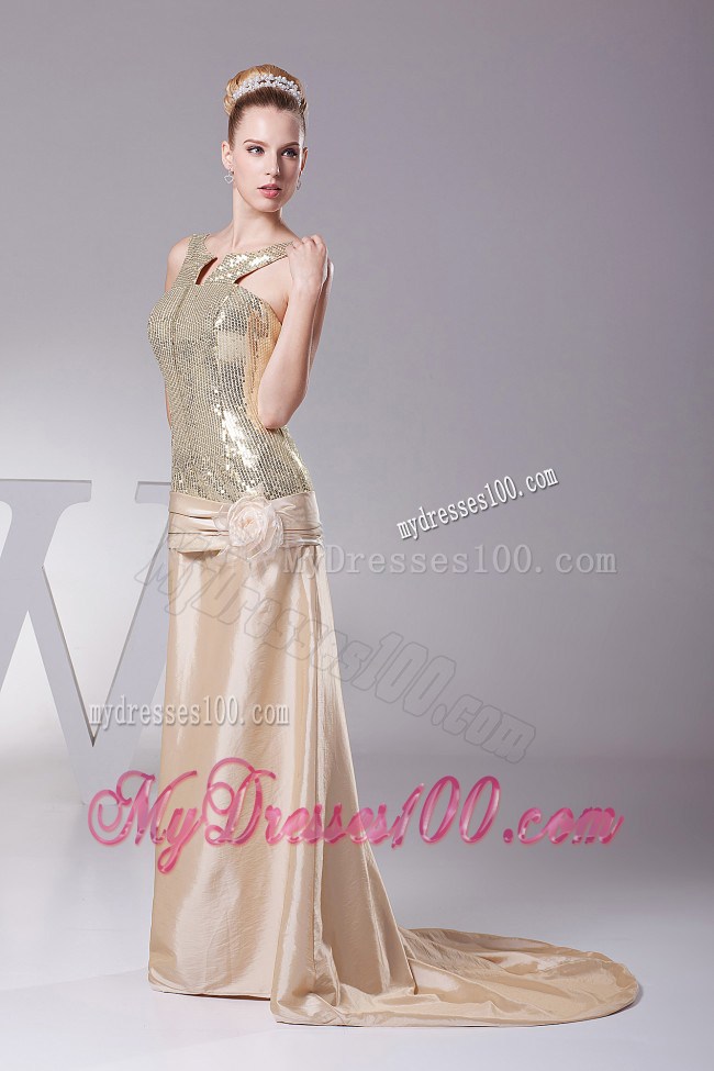 Flower Decorate Sequin Champagne Brush Train 2013 Pageant Dresses