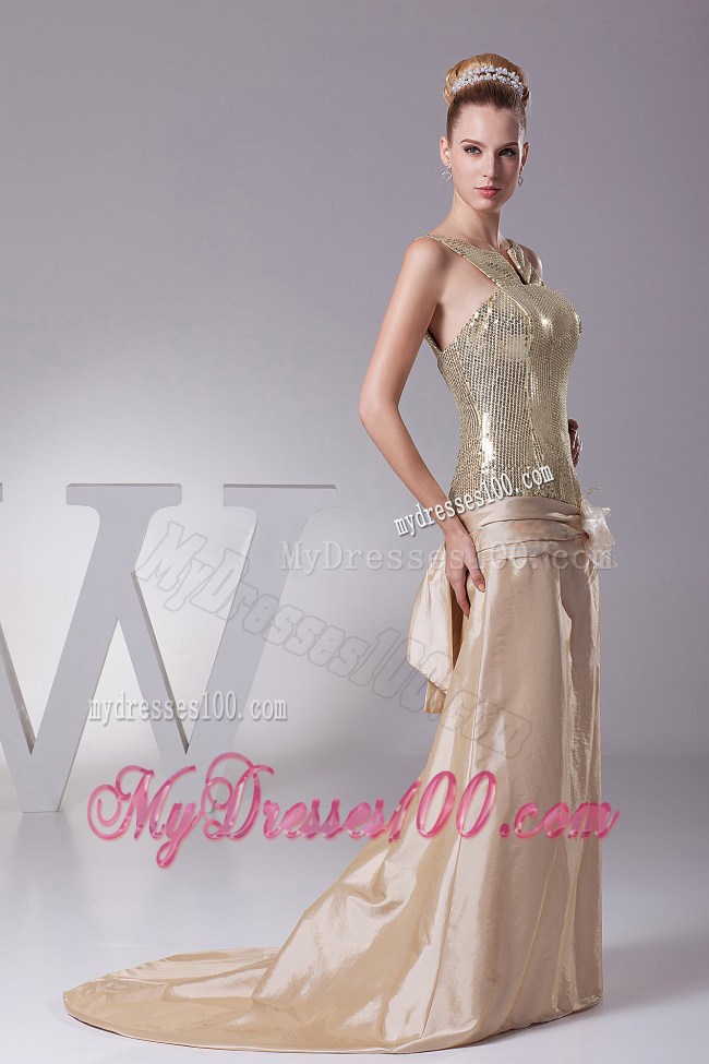 Flower Decorate Sequin Champagne Brush Train 2013 Pageant Dresses